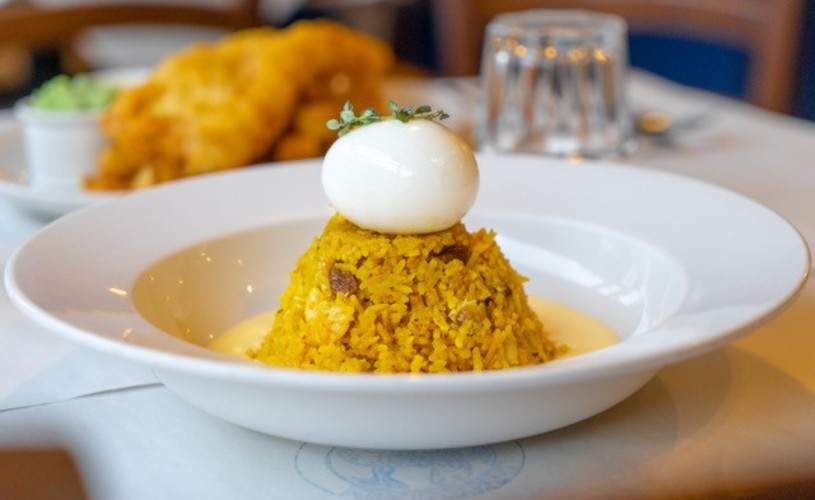Kedgeree topped with a hard boiled egg at Fishers seafood restaurant